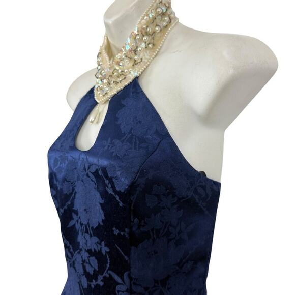 Maurices Vintage Navy Satin Floral Beaded Choker Halter 90s Y2K Prom Dress sz XS - Picture 10 of 15